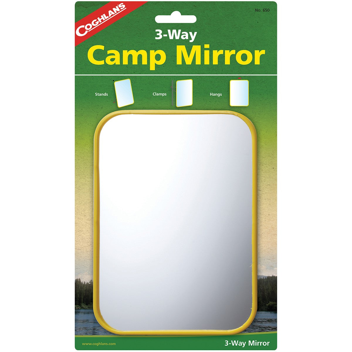 new Coghlan's 3-Way Camp Mirror, Colorful Plastic, Clamps Hook Signal Survival